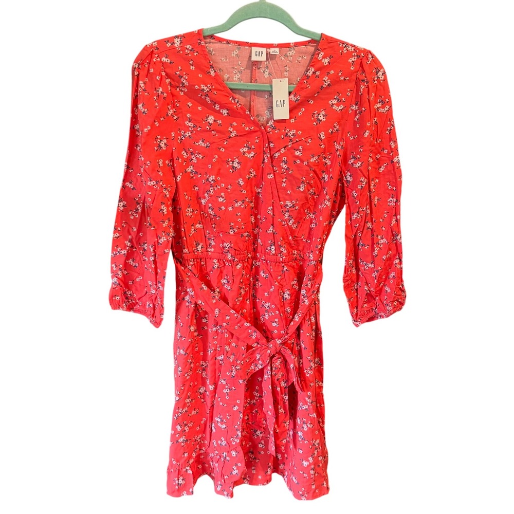 GAP Women's Size 10 Red Floral Print 3/4 Sleeve‎ Tie Waist Mini Dress NWT